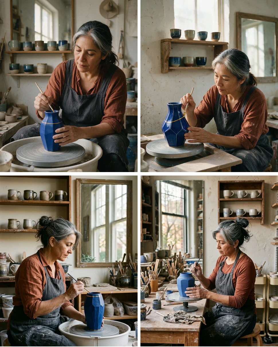 Seedream 5.0 Pro vs Nano Banana 2 human realism comparison showing a fictional ceramic artist painting a blue vase