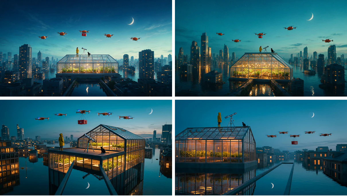 Seedream 5.0 Pro and Nano Banana 2 comparison showing four generated flooded-city greenhouse scenes